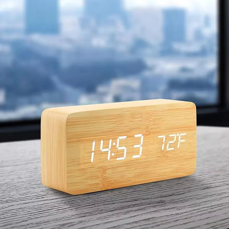 Wooden LED Digital Display Alarm Clock Modern Temperature Display & Calendar - Vertex Select