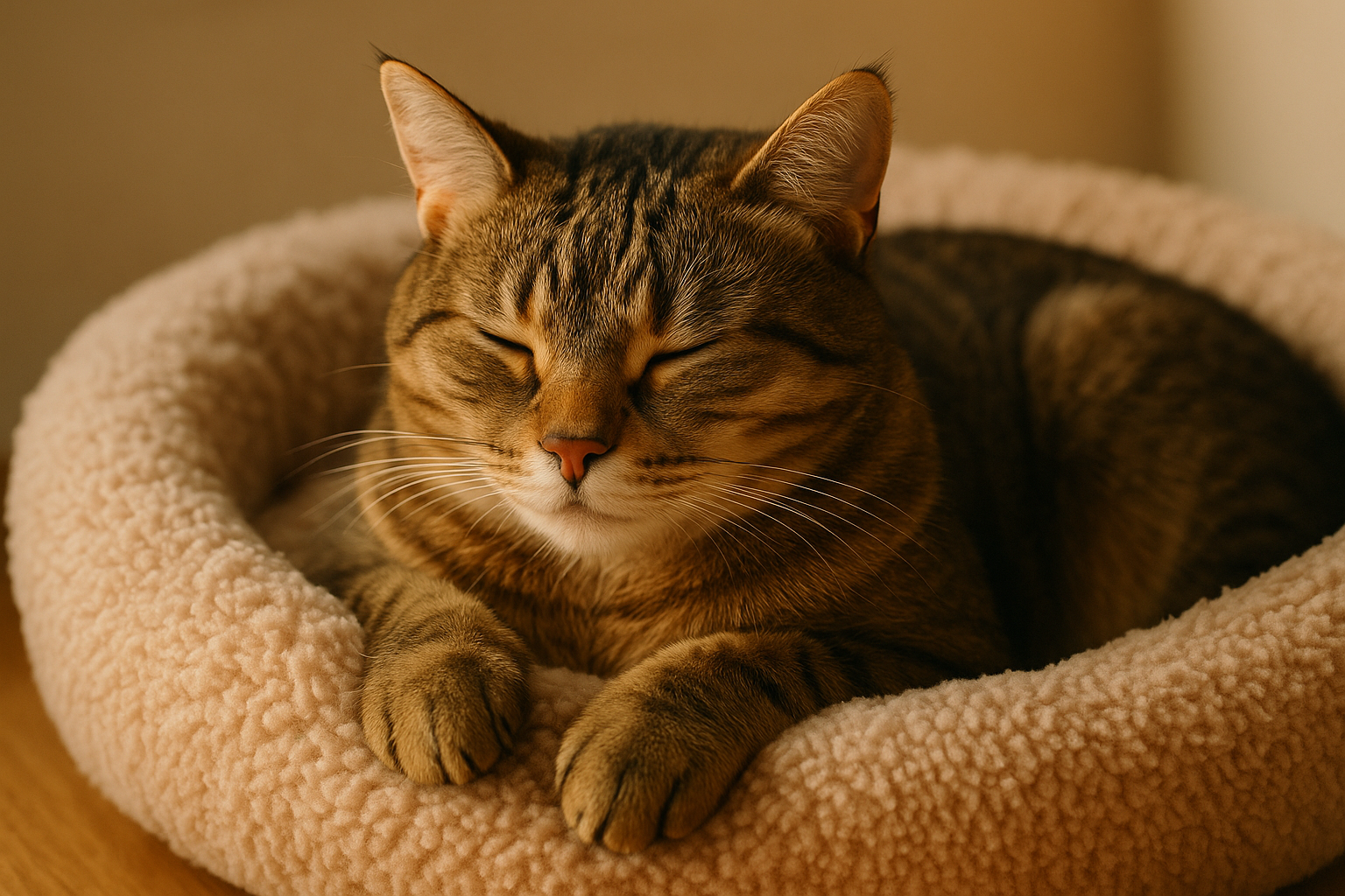 An image of a cat on a cat bed.