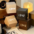 Vertex Select wooden digital alarm clock with sound control, smart auto-sleep, and power-saving mode, featuring a sleek modern design.