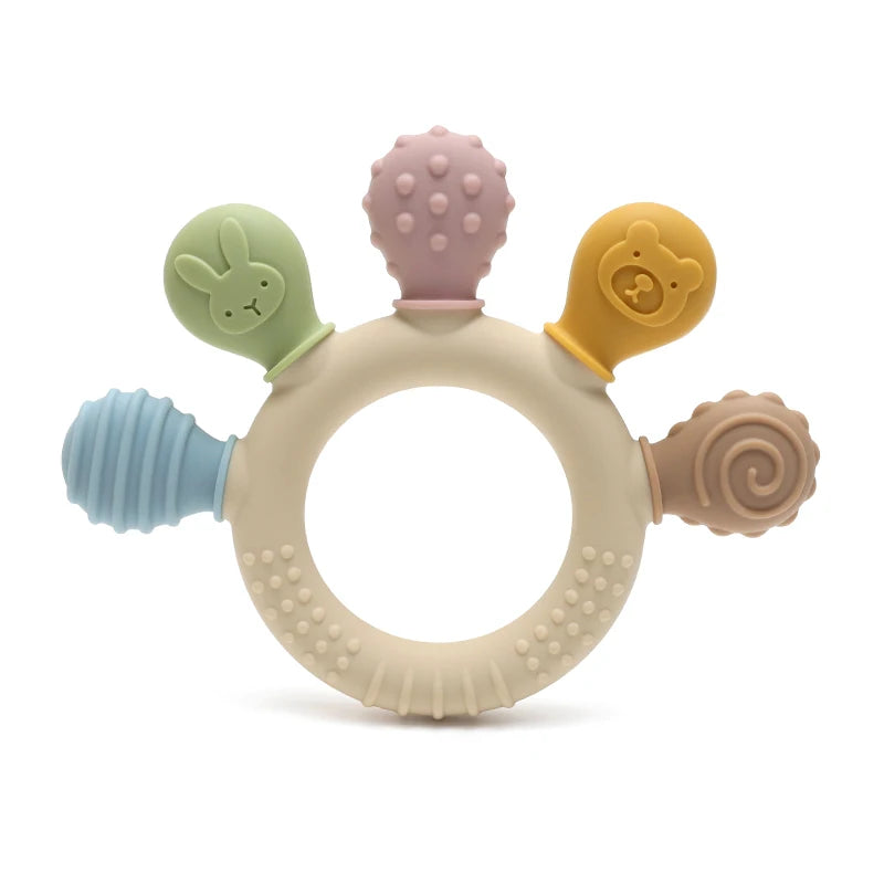 Multicoloured 100% silicone baby teething toy by Vertex Select, designed for infants and babies, featuring soft, textured surfaces.