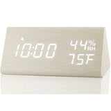 Wooden LED digital alarm clock by Vertex Select with 3 alarms, sound control, and power-saving features.