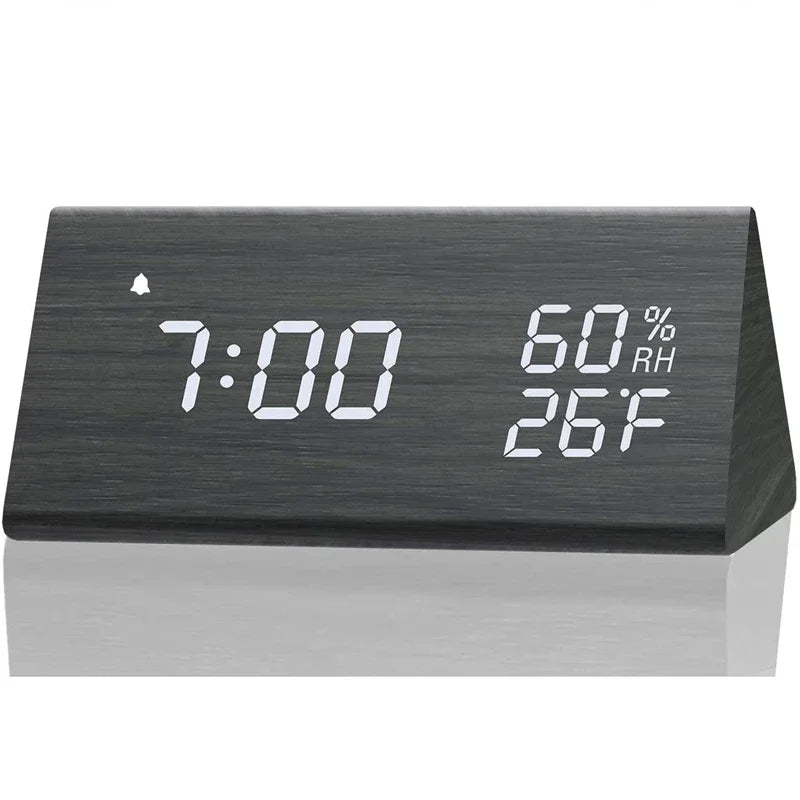 Vertex Select wooden LED digital alarm clock showing time display with three alarm settings and sound control features.