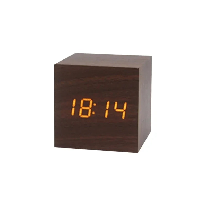 Vertex Select wooden digital alarm clock with sound control, smart auto-sleep, and power-saving mode, displayed on a bedside table.