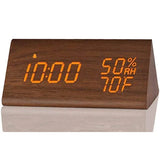 Vertex Select wooden LED digital alarm clock showing time display, with three alarm settings and sound control features.