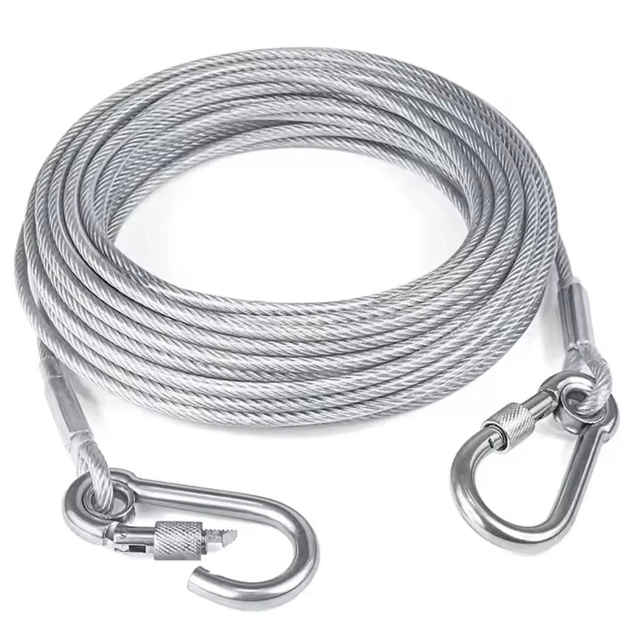 Reflective rust-proof dog tie-out cable with stainless steel clasp, designed for safe outdoor use by Vertex Select.