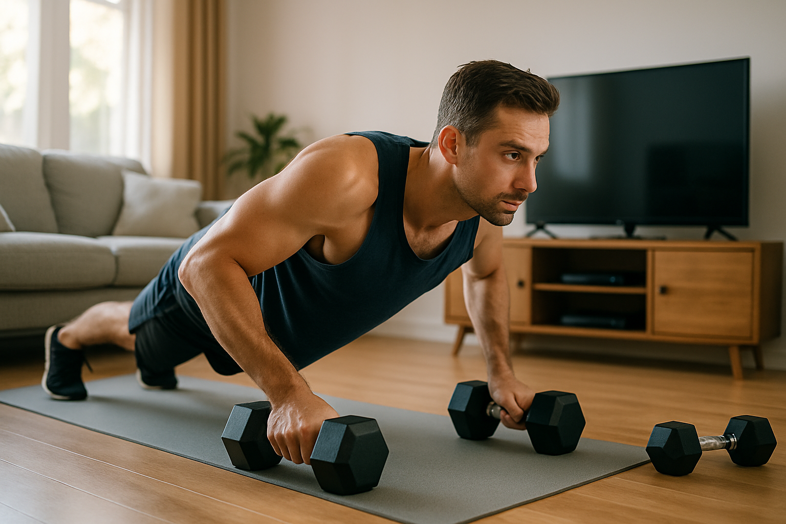 A man working out at home.