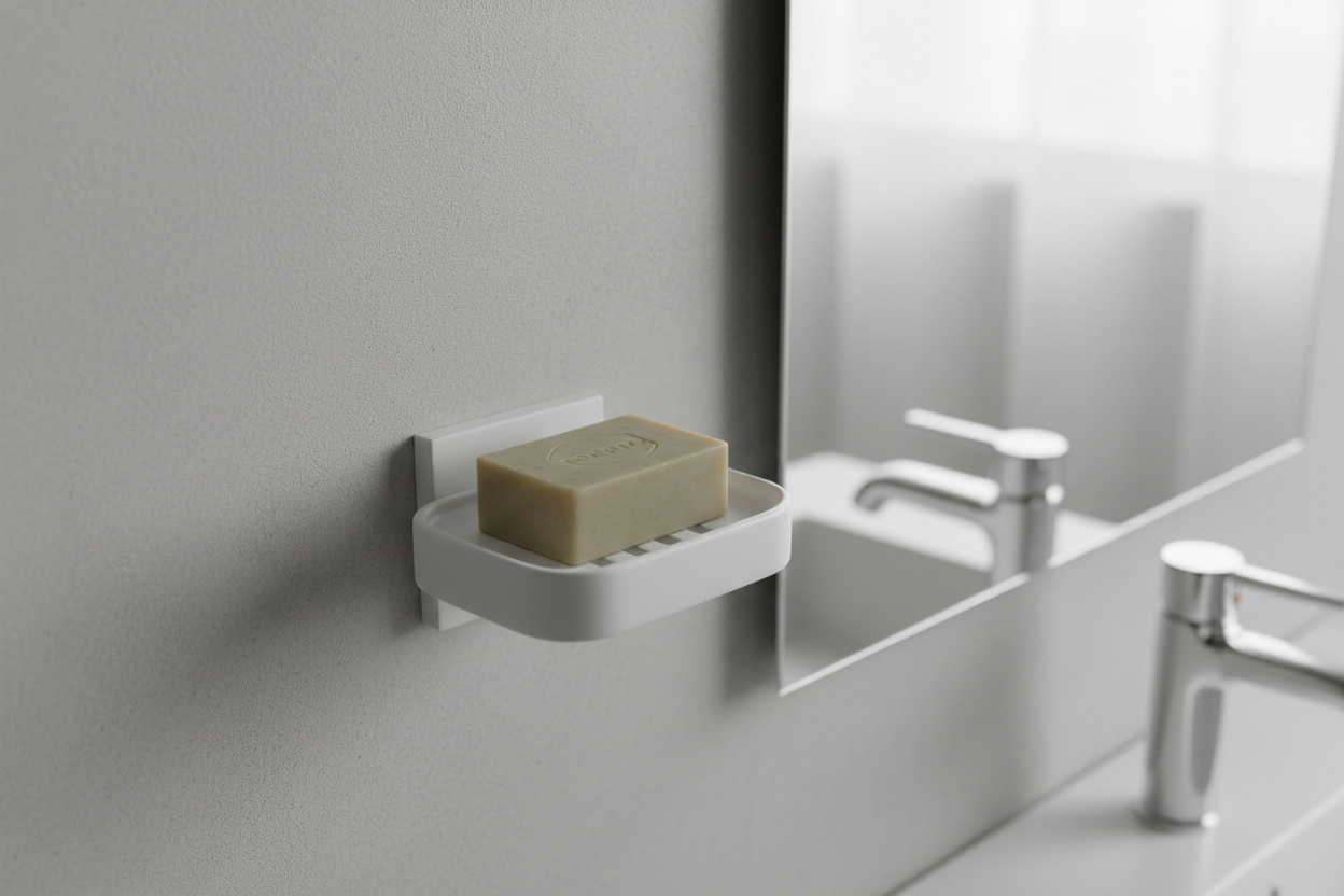 Generate a high-quality image of a wall mounted soap dish.